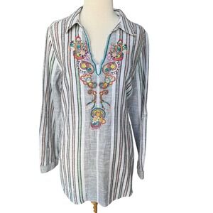 100% Cotton Boho Embroidered Tunic Blouse Soft Surroundings M Johnny Was Style